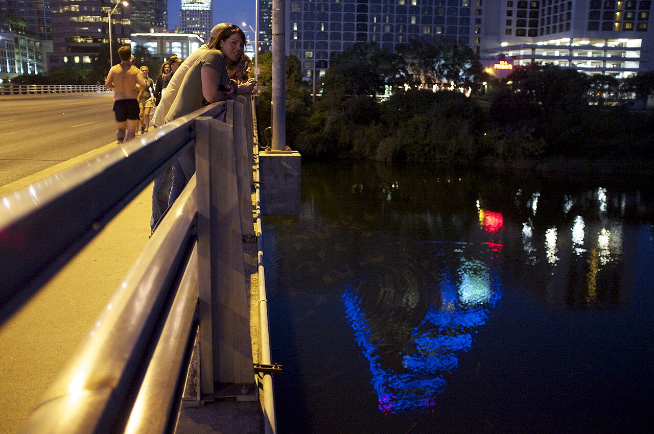 Mexican free-tailed bats emerging from the Congress Avenue Bridge at sunset