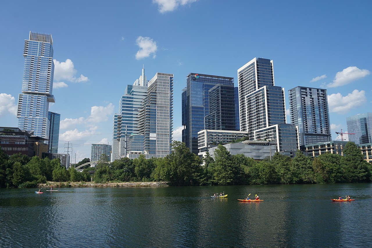 Downtown Austin skyline and Lady Bird Lake at dusk